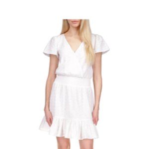 Michael Kors Ruffle Sleeve Smocked Waist Eyelet V-neck Dress - Size L - White